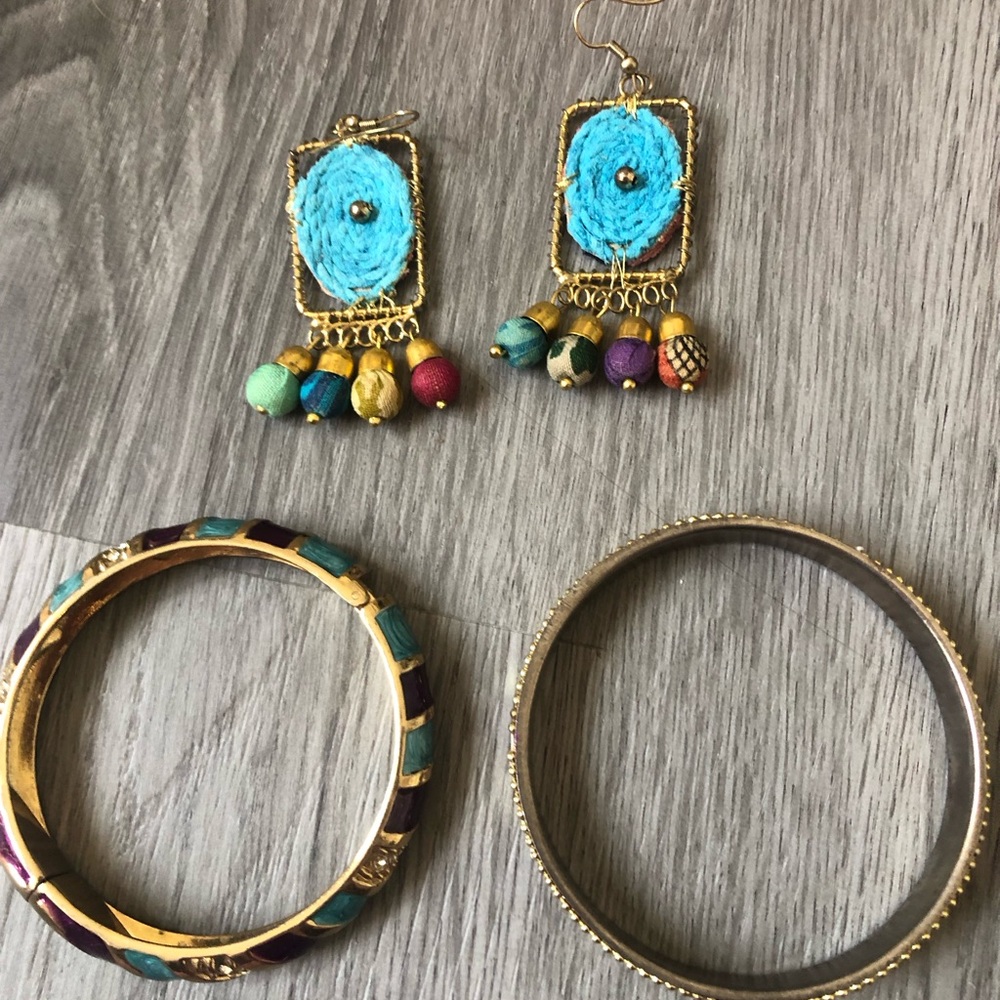 2 Gold-tone Turquoise & Purple Enamel Bangle Bracelet and one boho earrings NWOT